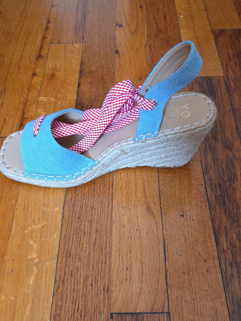 Yoki Blue Wedge Sandals with Pink Lace-Up Straps